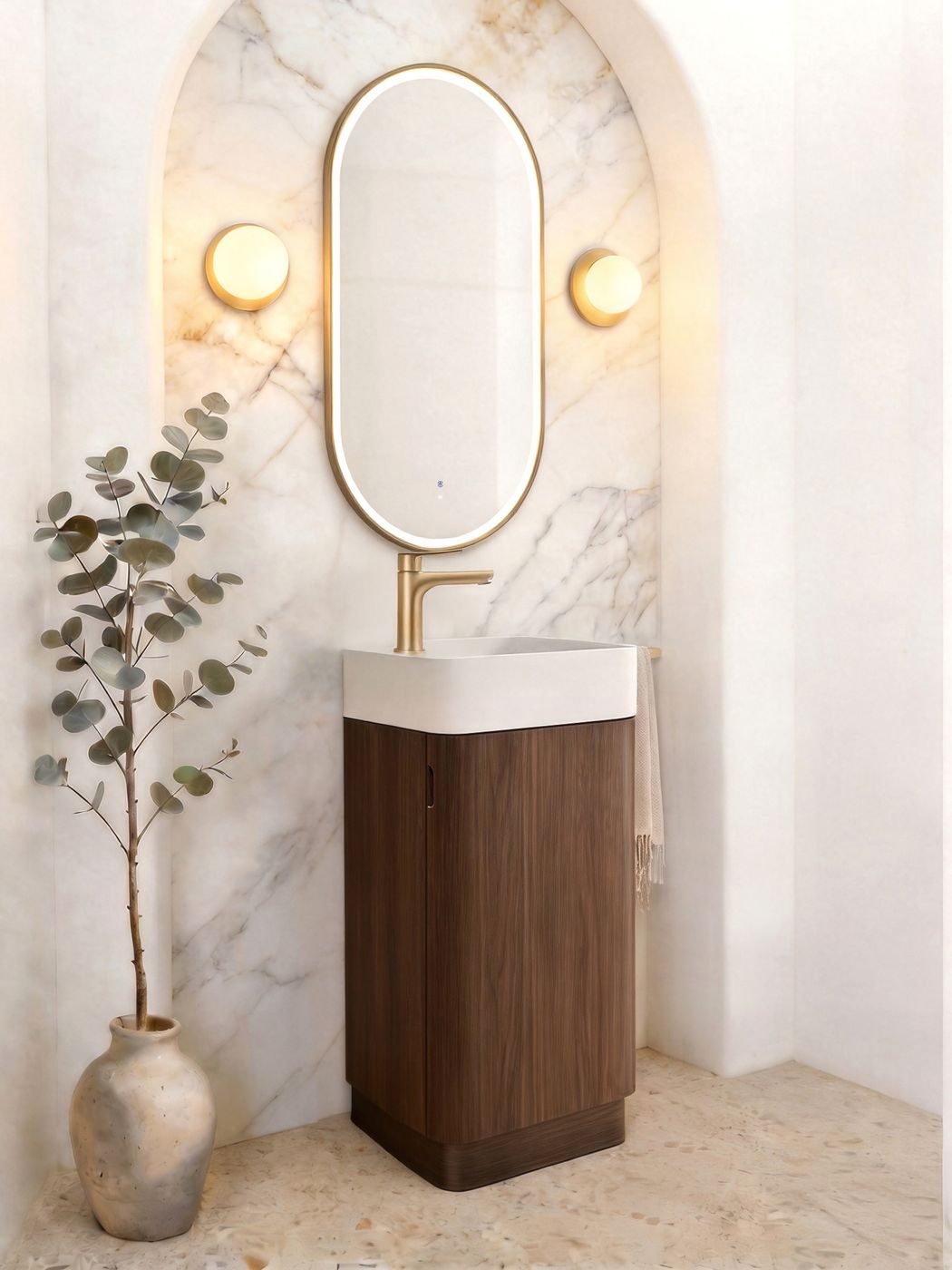 Maxi Space Saver Sable Walnut Curved Floor Standing Vanity