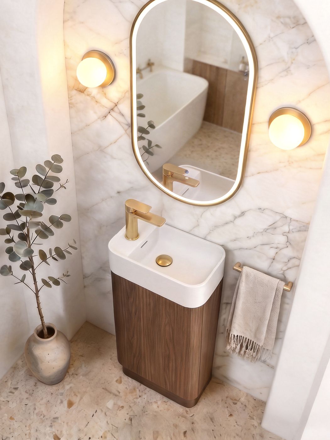 Maxi Space Saver Sable Walnut Curved Floor Standing Vanity