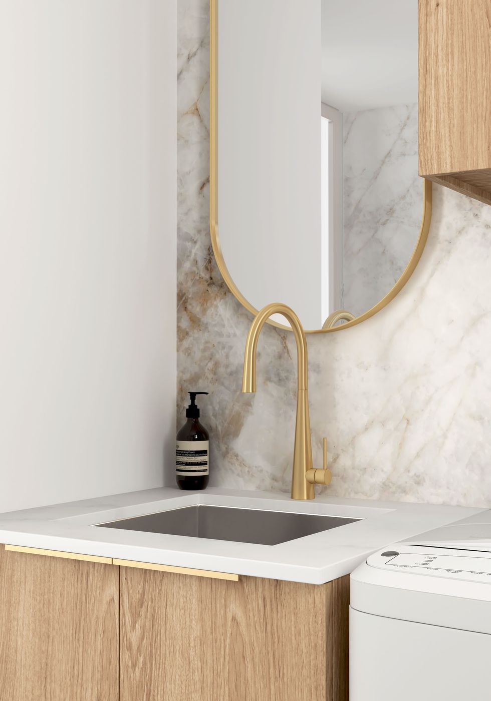 Wall and Base Cabinets Kit 650 Byron/Bondi Natural Oak with Natural Carrara Marble Top with 12 O'clock Tap Hole cut out