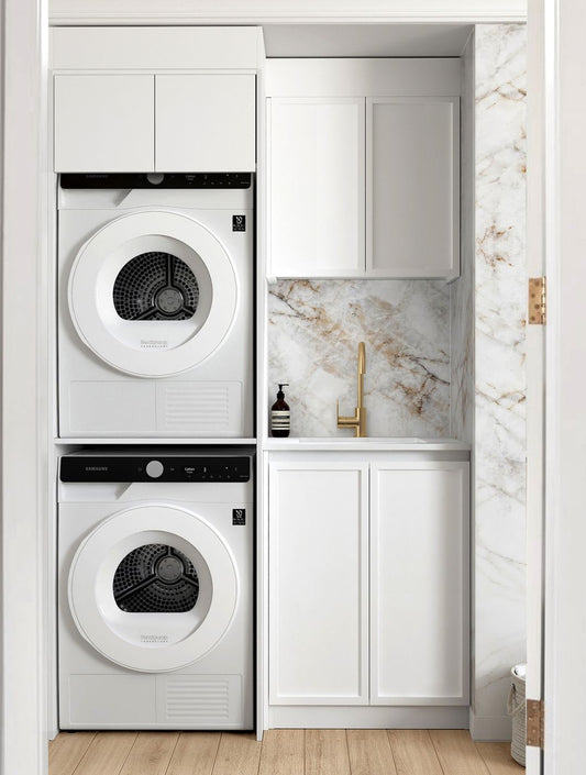 Laundry Kit 1305C Hampshire White with Natural Carrara Marble Top with 12 O'clock Tap Hole cut out