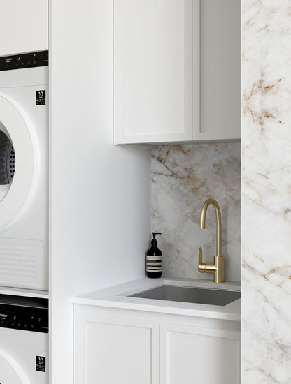 Laundry Kit 1305C Hampshire White with Natural Carrara Marble Top with 12 O'clock Tap Hole cut out
