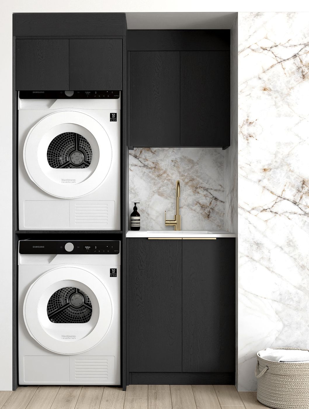Laundry Kit 1305C Byron/Bondi Black Oak with Natural Carrara Marble Top with 12 O'clock Tap Hole cut out