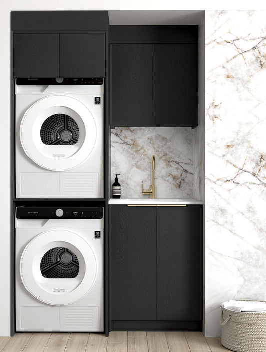 Laundry Kit 1305C Byron/Bondi Black Oak with Natural Carrara Marble Top with 12 O'clock Tap Hole cut out