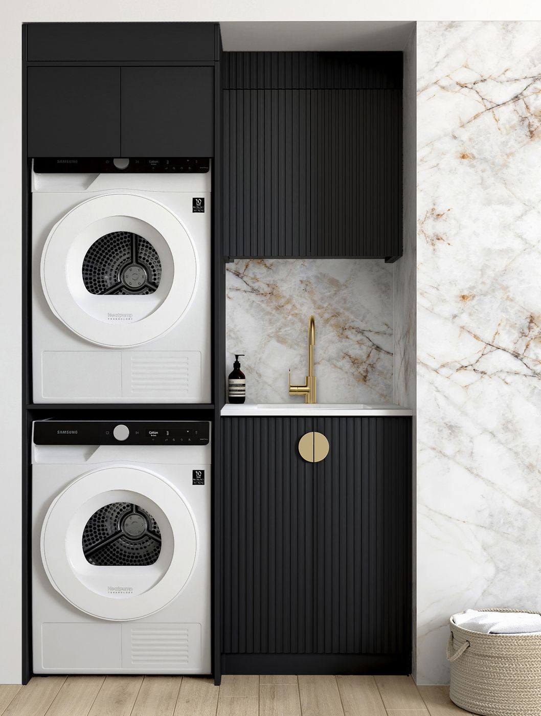 Laundry Kit 1305C Marlo Black with Natural Carrara Marble Top with 12 O'clock Tap Hole cut out