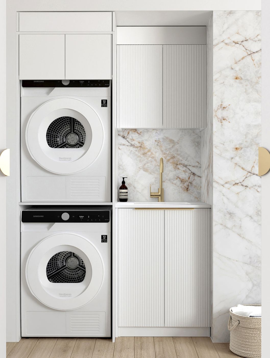 Laundry Kit 1305C Bondi Fluted White with Natural Carrara Marble Top with 12 O'clock Tap Hole cut out