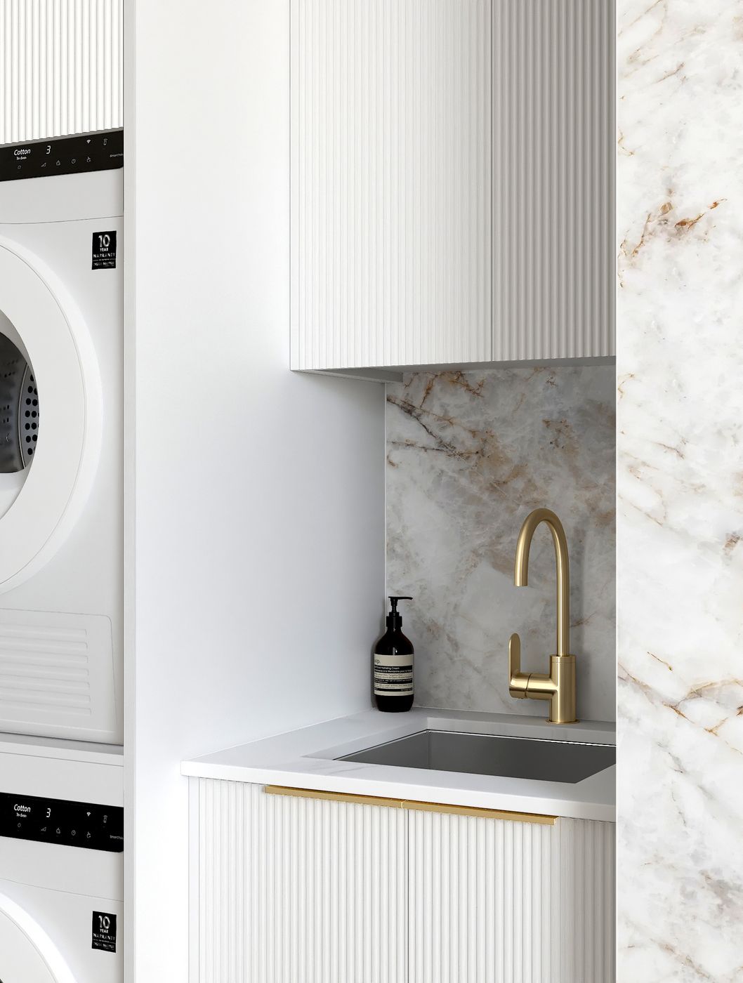 Laundry Kit 1305C Bondi Fluted White with Natural Carrara Marble Top with 12 O'clock Tap Hole cut out