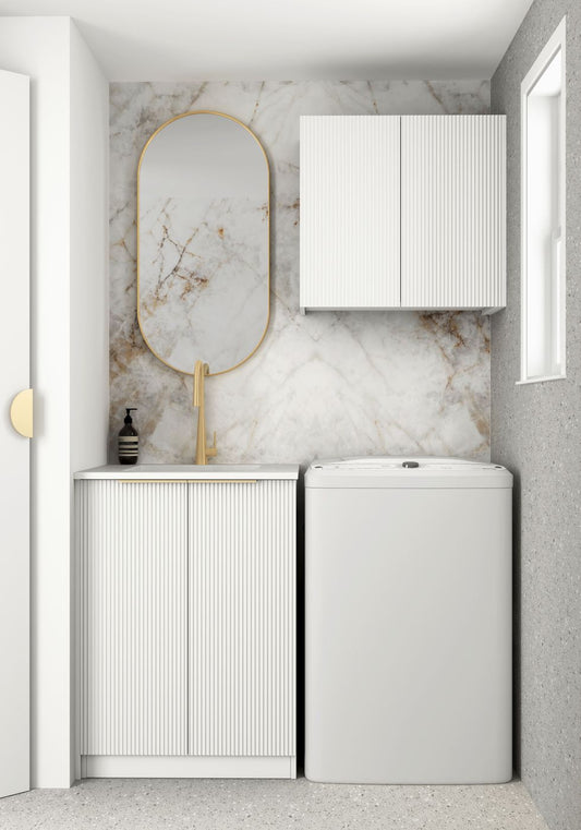 Wall and Base Cabinets Kit 650 Bondi Fluted White with Natural Carrara Marble Top with 12 O'clock Tap Hole cut out