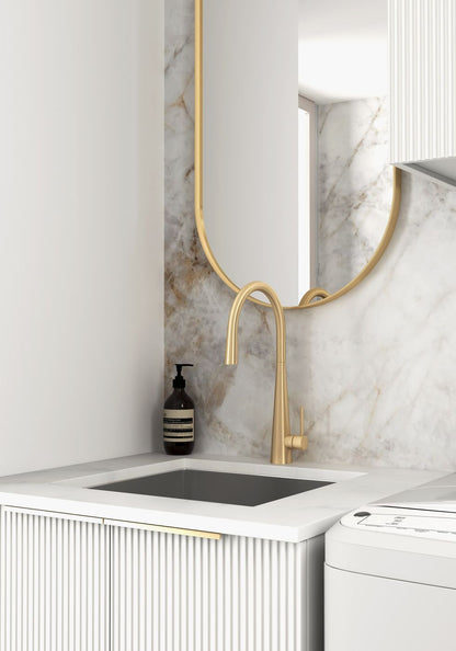 Wall and Base Cabinets Kit 650 Bondi Fluted White with Natural Carrara Marble Top with 12 O'clock Tap Hole cut out