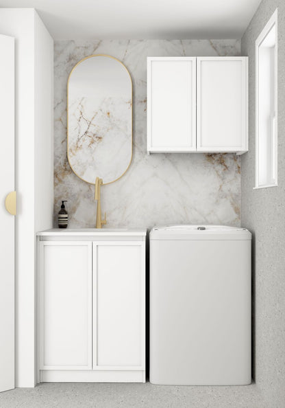 Wall and Base Cabinets Kit 650 Hampshire White with Natural Carrara Marble Top with 12 O'clock Tap Hole cut out