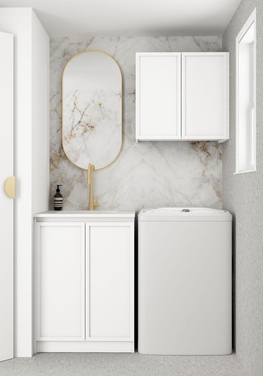 Wall and Base Cabinets Kit 650 Hampshire White with Natural Carrara Marble Top with 12 O'clock Tap Hole cut out