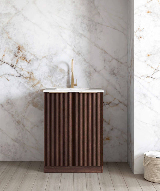 Mini Laundry 650mm Marlo Fluted Black with Natural Carrara Marble Top with 12 O'clock Tap Hole cut out