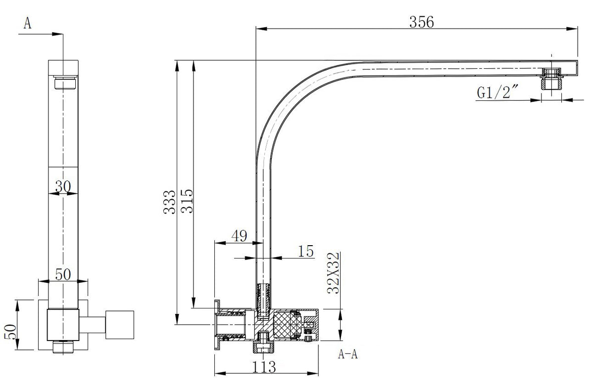 Taran 250mm Matte Black Twin Shower Half Rail Top Inlet Square