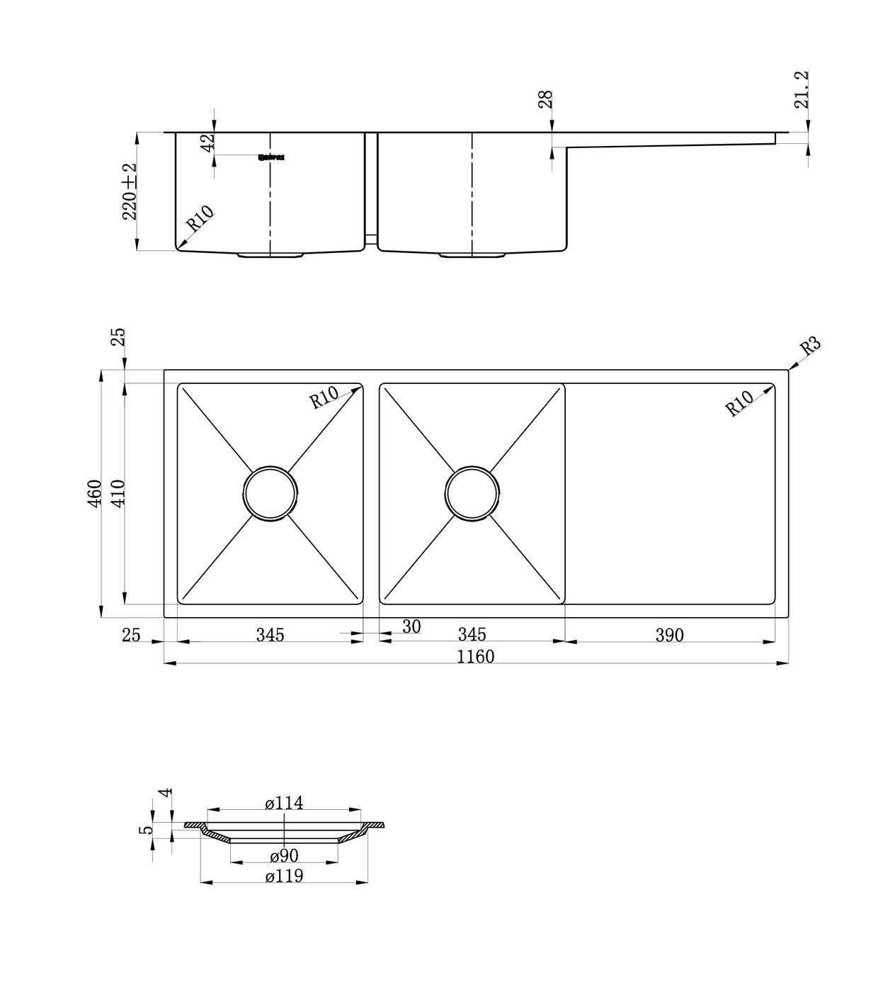 Zue Sink 116D 1160x460x220