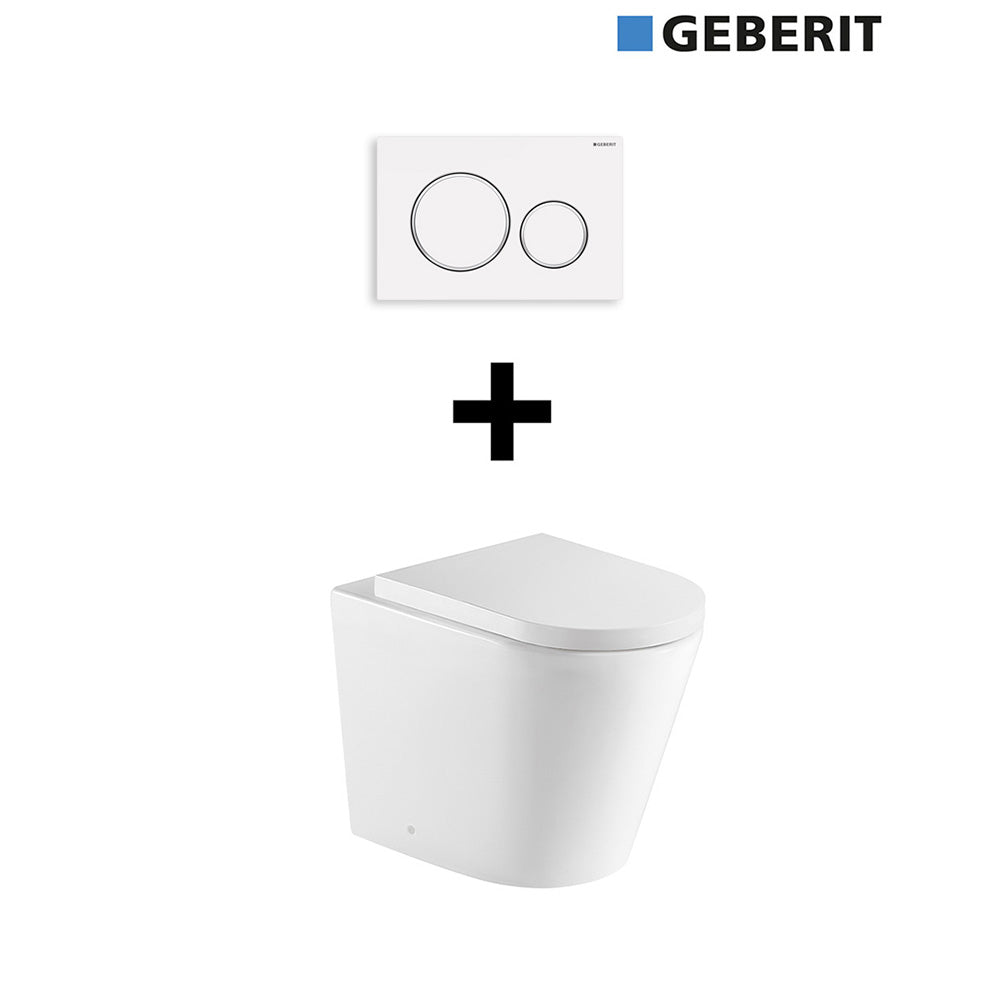 Package - Fino WhisperFlush Gloss White Floor Mounted Pan & Thick Seat + Geberit In-wall Cistern + Flush Plate