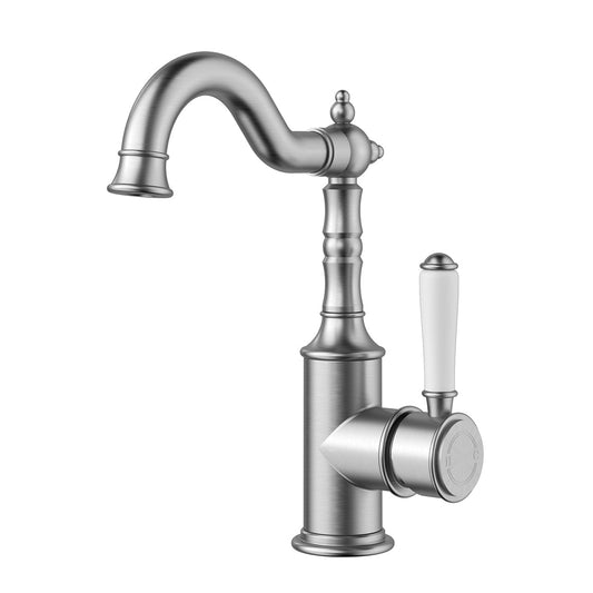 Clasico Tall Basin Mixer Hook Spout - brushed-nickel / Ceramic Handle