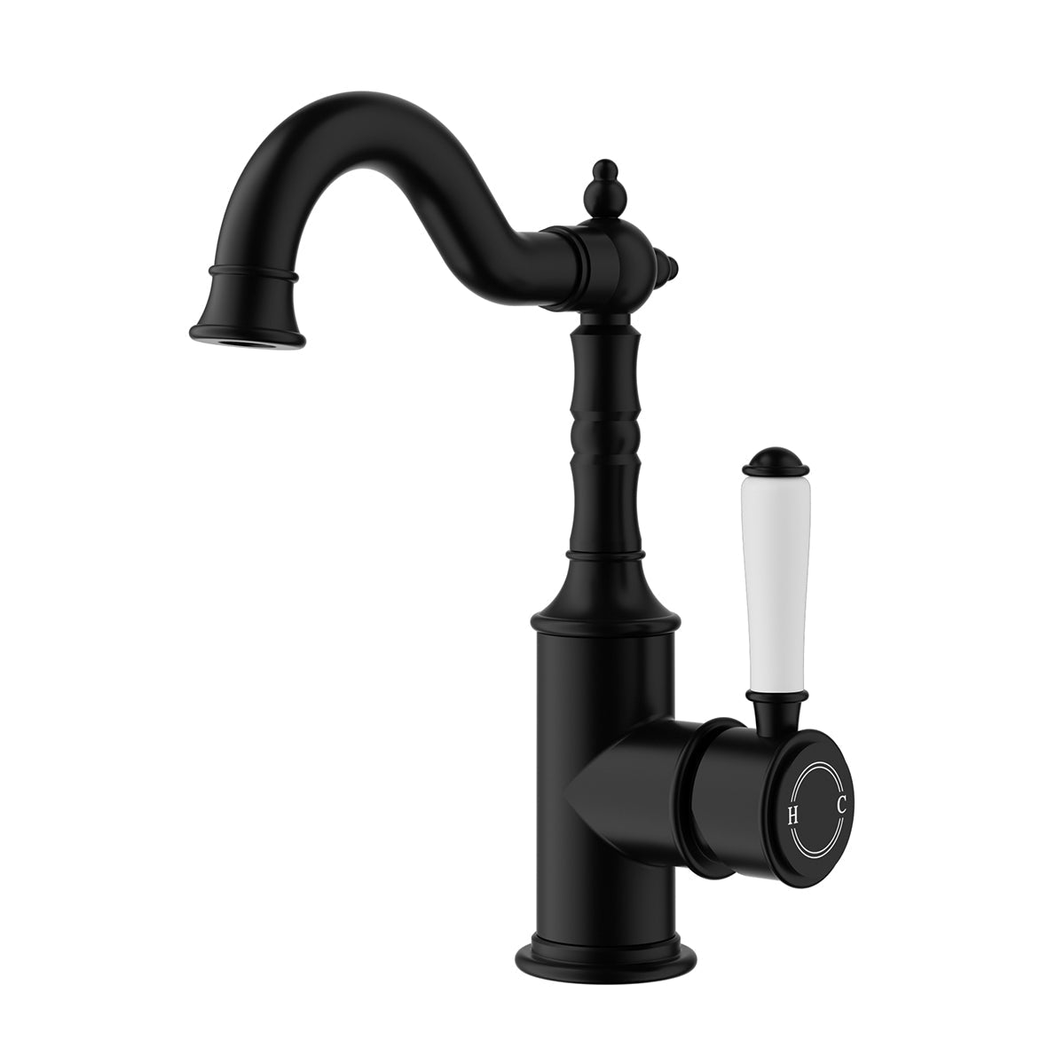 Clasico Tall Basin Mixer Hook Spout - matt-black / Ceramic Handle