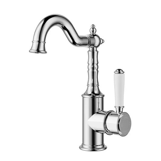 Clasico Tall Basin Mixer Hook Spout - Chrome / Ceramic Handle