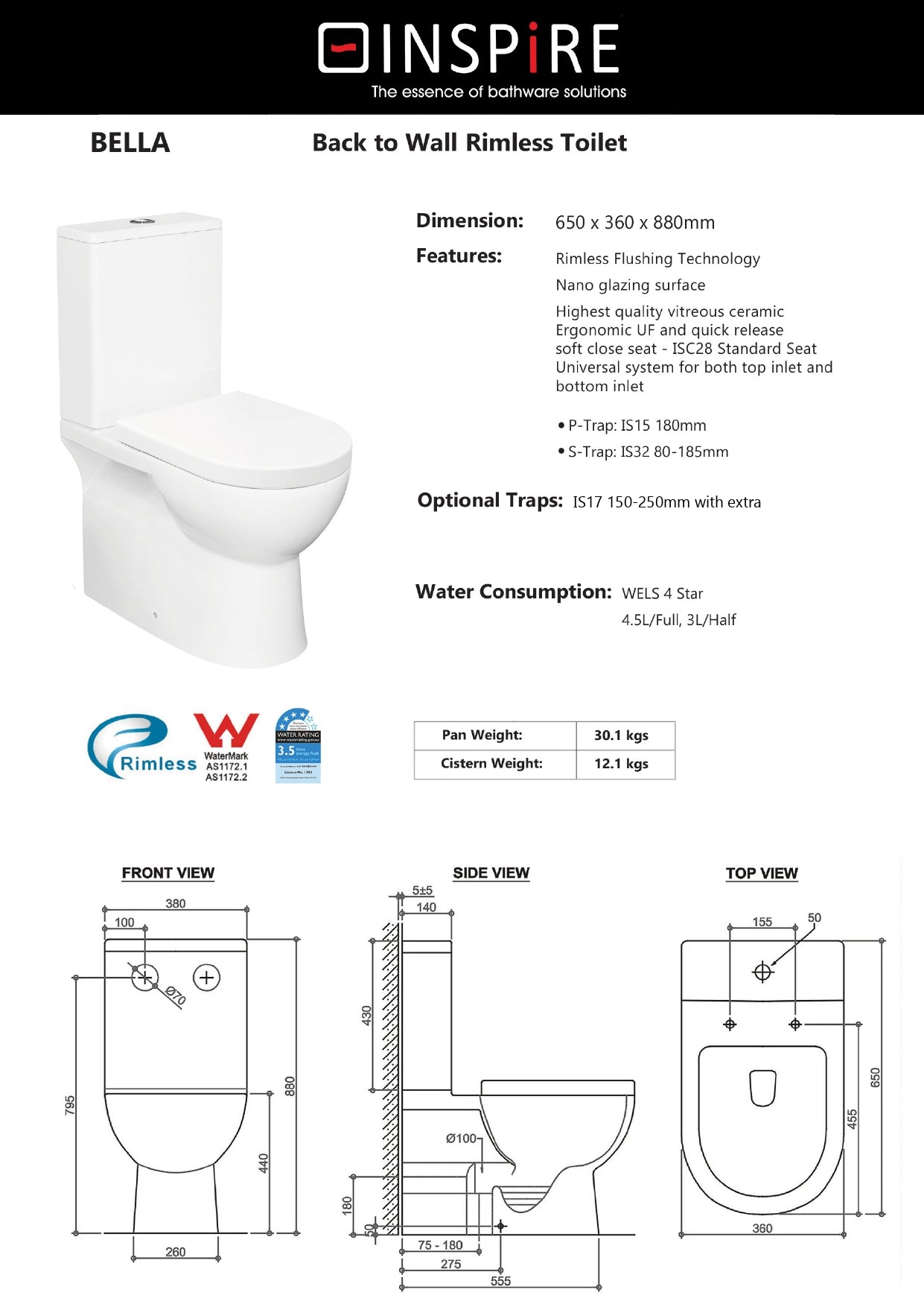 INSPIRE BELLA BACK TO WALL RIMLESS TOILET SUITE