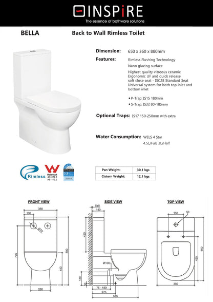 INSPIRE BELLA BACK TO WALL RIMLESS TOILET SUITE