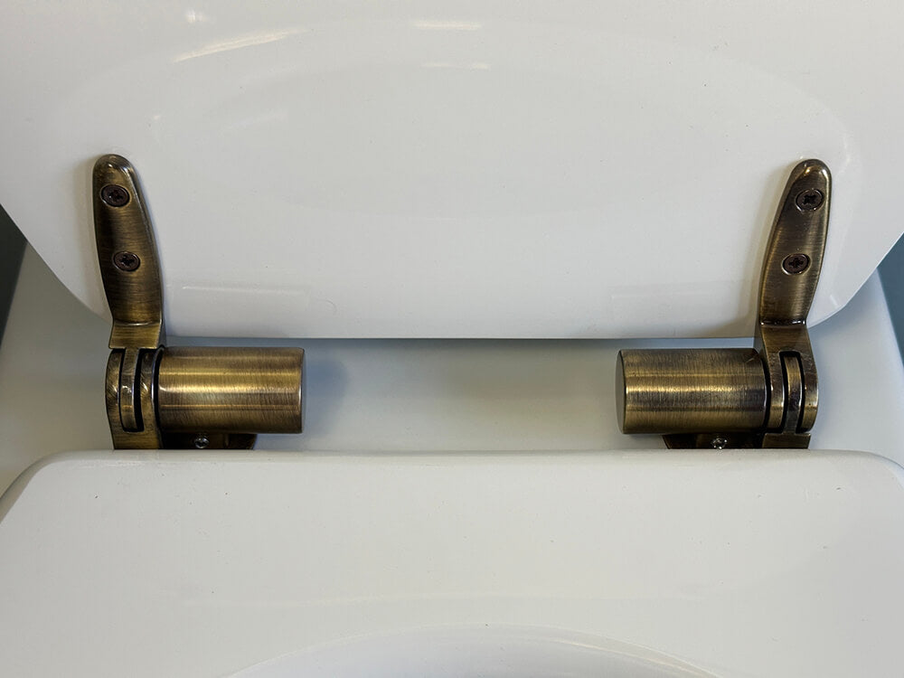 Claremont White Soft Close Toilet Seat - Antique Brass Hinges