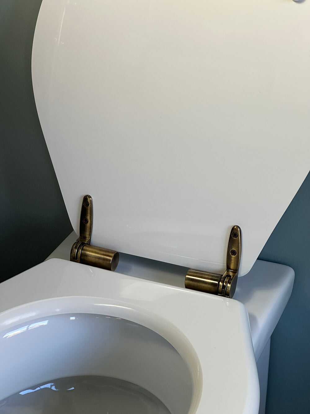 Claremont White Soft Close Toilet Seat - Antique Brass Hinges