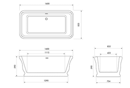 Kirkham 160 x 85 TitanCast Solid Surface Freestanding Bath - Satin Silk White