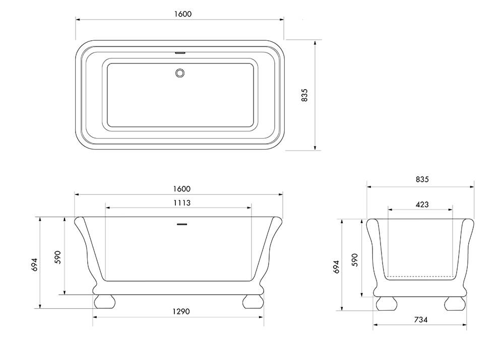 Kirkham 160 x 85 TitanCast Solid Surface Freestanding Bath with Ball Feet - Gloss White