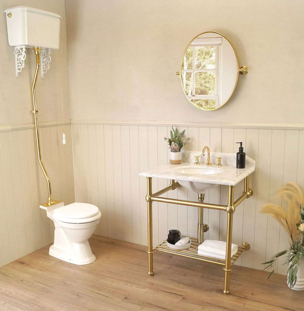 Mayer Basin Stand With 75 x 55 Real Carrara Marble Top - Brushed Brass
