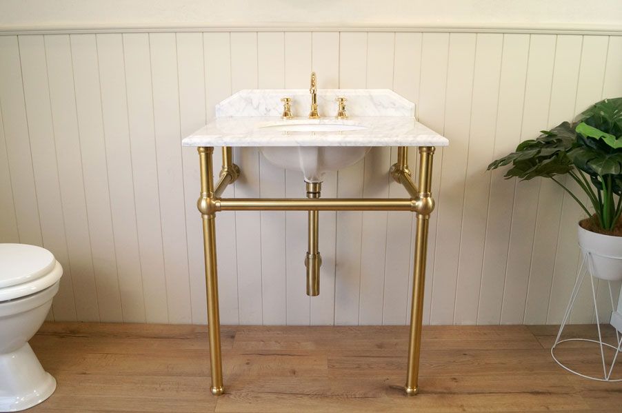 Mayer Basin Stand With 75 x 55 Real Carrara Marble Top - Brushed Brass