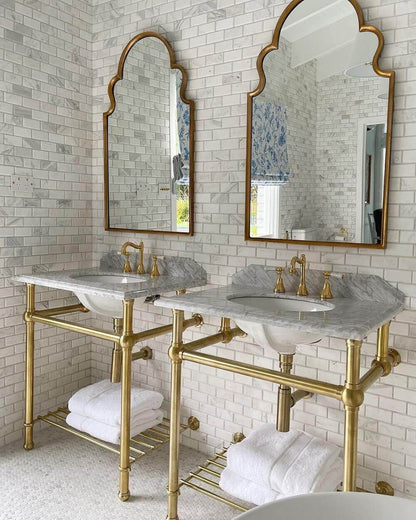 Mayer Basin Stand With 75 x 55 Real Carrara Marble Top - Brushed Brass