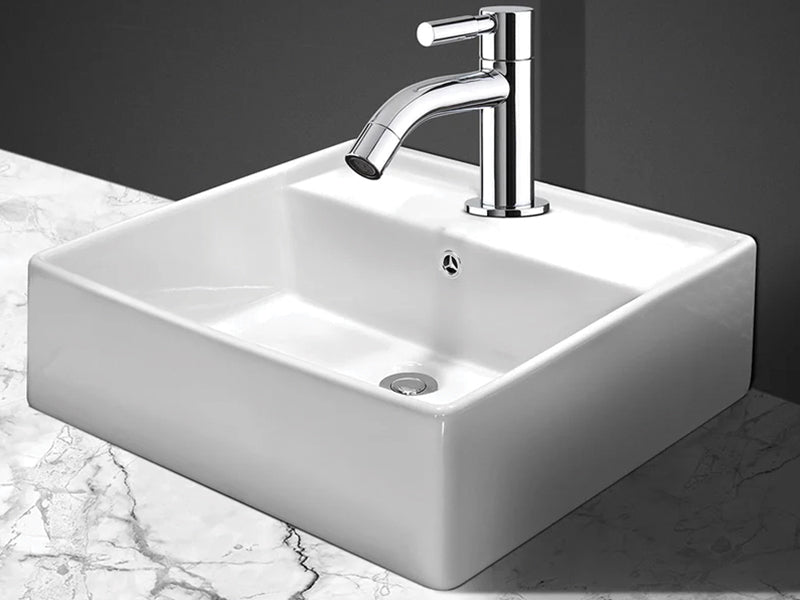 Ceramic Square Vanity Basin With Tap Landing
