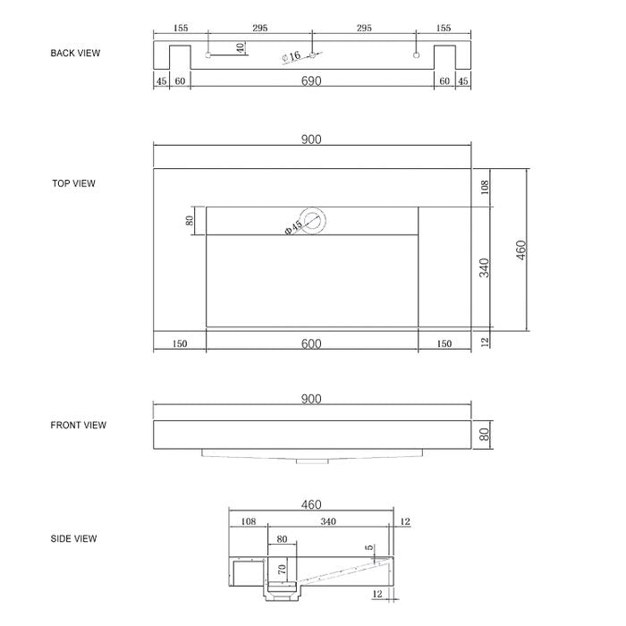 Otti Moonlight Wall Hung  Basin 900x460