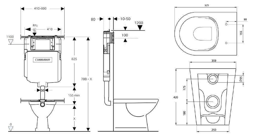 Package - Narva Rimless Floor Mounted Pan & Seat + Geberit In-wall Cistern + Flush Plate