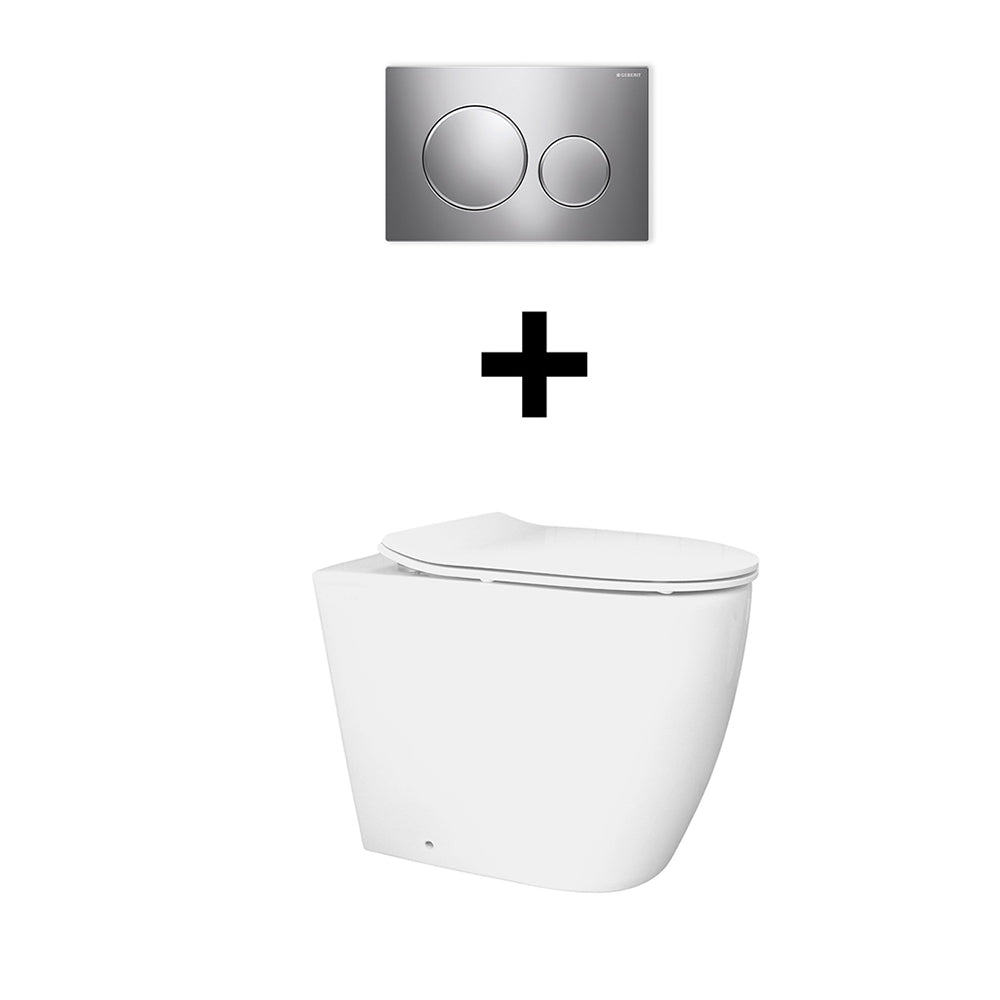 Package - Narva Rimless Floor Mounted Pan & Seat + Geberit In-wall Cistern + Flush Plate