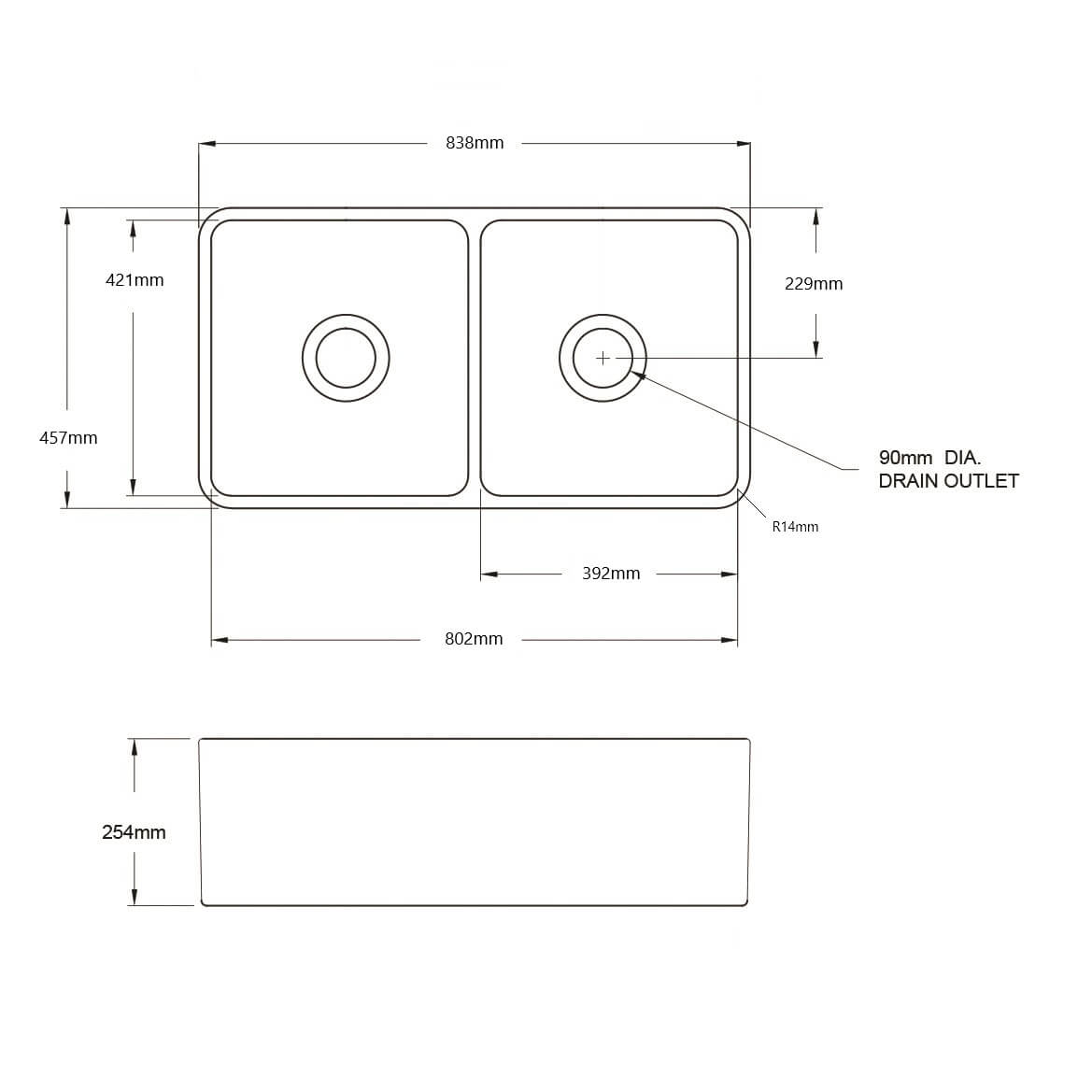 Novi 84 x 46 Fine Fireclay Matte Black Farmhouse Butler Sink