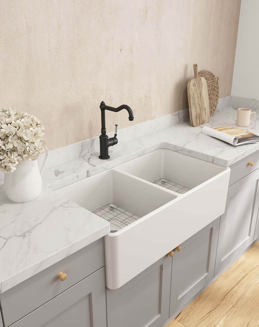 Novi 85 x 46 Fine Fireclay Matte White Farmhouse Butler Sink