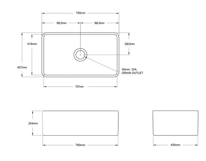 Novi 75 x 46 Fine Fireclay Matte White Farmhouse Butler Sink