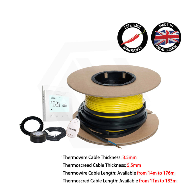 ThermoGroup Thermowire/Thermoscreed Undertile/In Screed Floor Heating Kit with White/Black Glass Thermostat