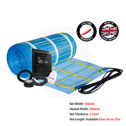 ThermoGroup Thermonet 150-200W/m² Undertile/In Screed Floor Heating Kit with White/Black Glass Thermostat