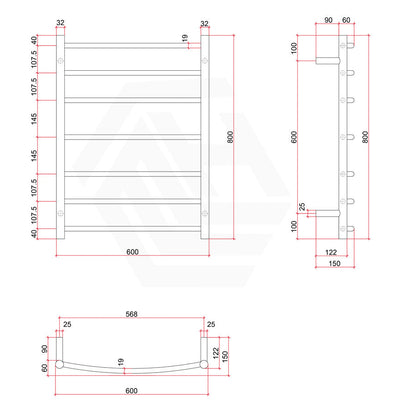 ThermoGroup 600x800x150mm 240V Budget Curved Round Ladder Heated Towel Rail 7 Bars   Steel