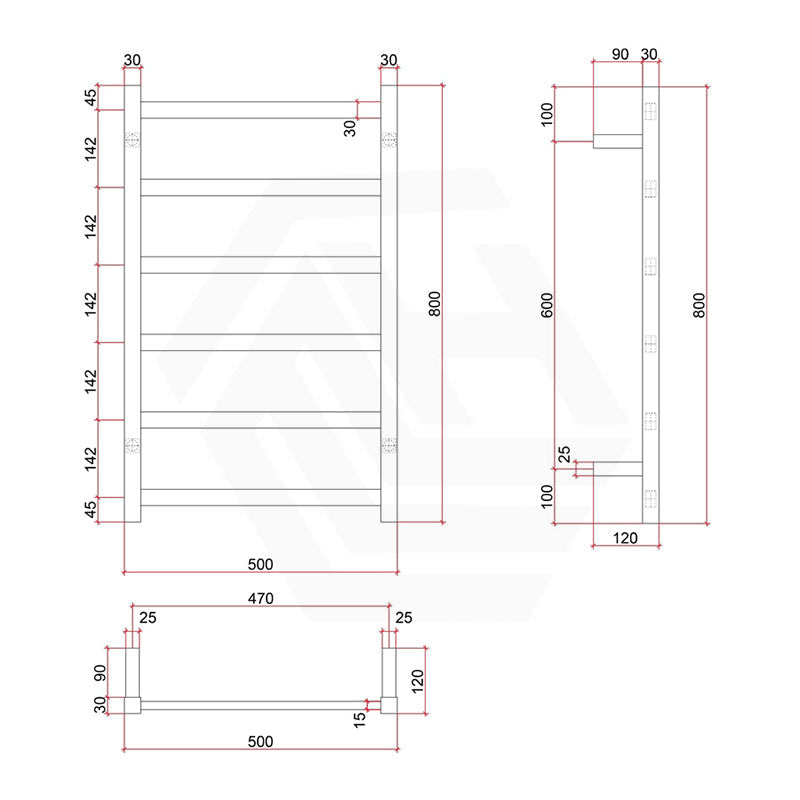ThermoGroup 500x800x120mm 240V Budget Straight Square Ladder Heated Towel Rail 6 Bars   Steel