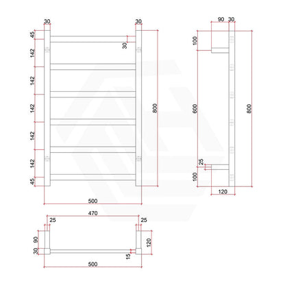 ThermoGroup 500x800x120mm 240V Budget Straight Square Ladder Heated Towel Rail 6 Bars   Steel
