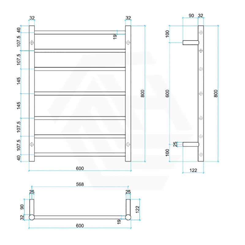 ThermoGroup 600x800x122mm 240V Budget Straight Round Ladder Heated Towel Rail 7 Bars   Steel