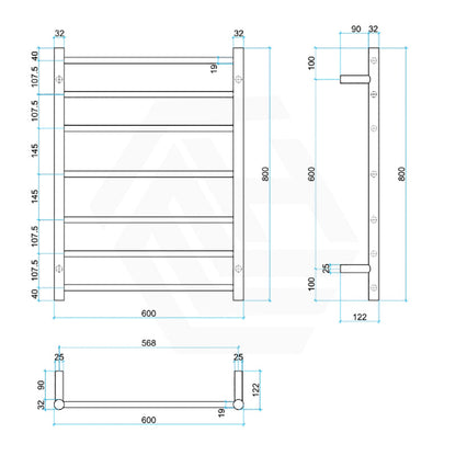 ThermoGroup 600x800x122mm 240V Budget Straight Round Ladder Heated Towel Rail 7 Bars   Steel