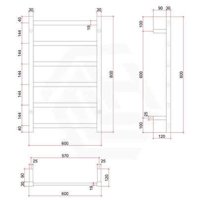 ThermoGroup 600x800x120mm 240V Straight Square Ladder Heated Towel Rail 6 Bars Matt