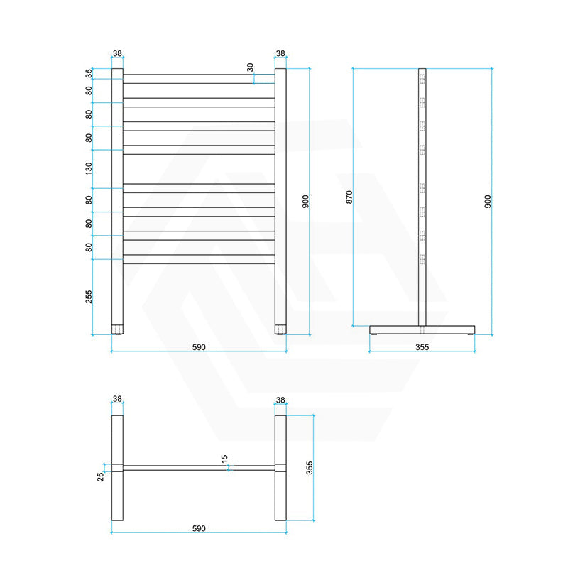 ThermoGroup Thermorail 590x900x355mm 240V Straight Flat Free-Standing   Steel Heated Towel Rail 8 Bars