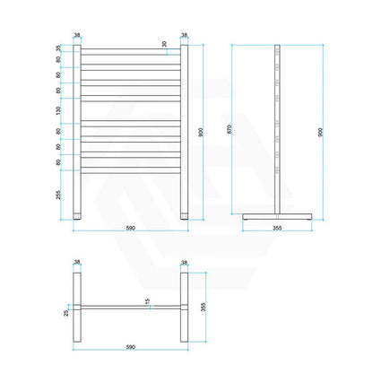 ThermoGroup Thermorail 590x900x355mm 240V Straight Flat Free-Standing   Steel Heated Towel Rail 8 Bars