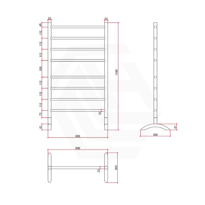 ThermoGroup Thermorail 600x1080x300mm 240V Straight Round Free-Standing Polished Stainless Steel/Matt Black Heated Towel Rail 8 Bars
