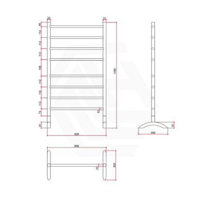 ThermoGroup Thermorail 600x1080x300mm 240V Straight Round Free-Standing Polished Stainless Steel/Matt Black Heated Towel Rail 8 Bars