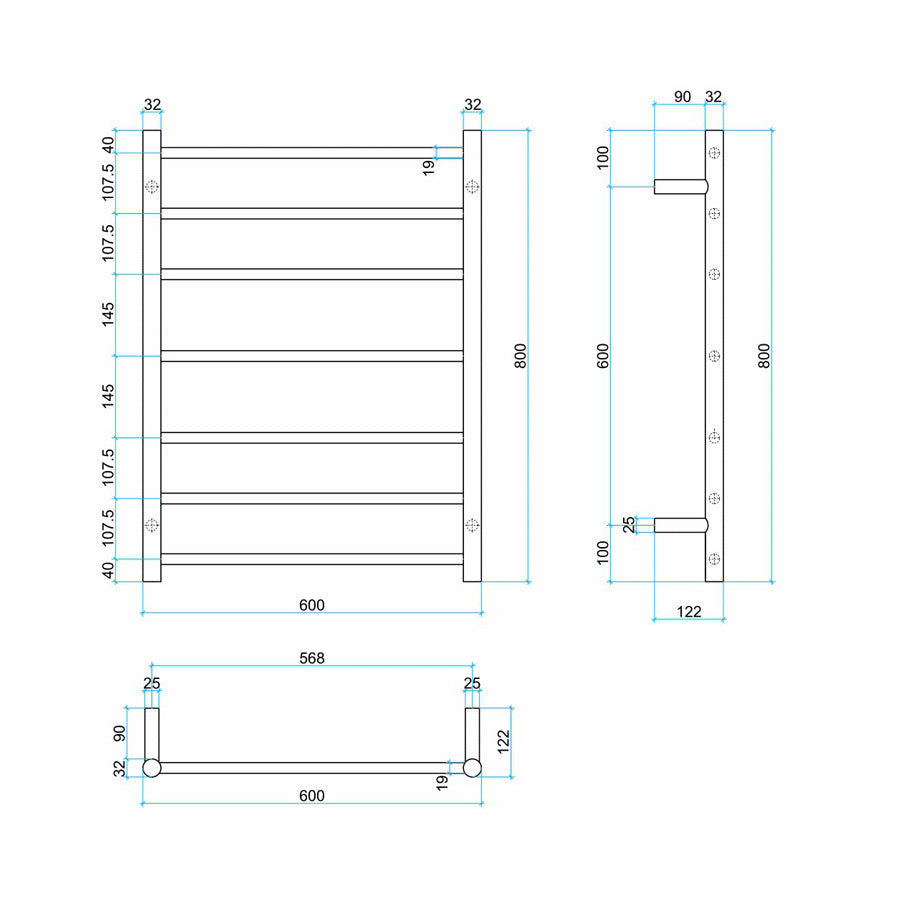 ThermoGroup 600x800x122mm 12V Straight Round Ladder Heated Towel Rail 7 Bars Variant Colour Available